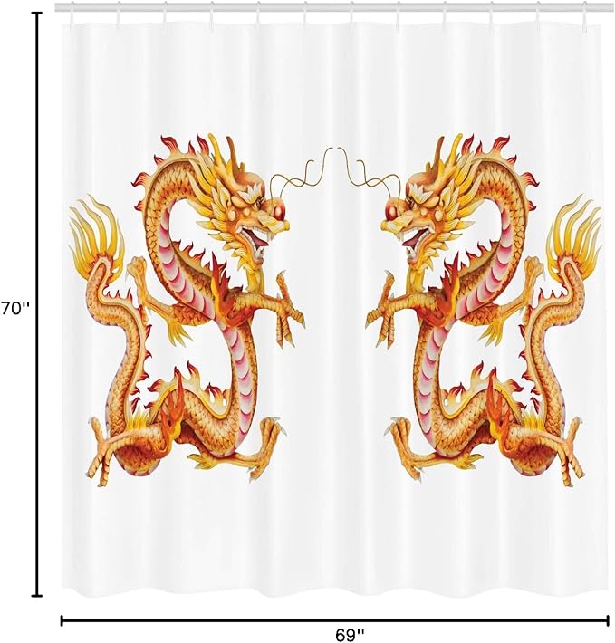 Ambesonne Dragon Shower Curtain, Twin Dragon Zodiac Statues Art Chinese Philosophy Themed Picture, Cloth Fabric Bathroom Decor Set with Hooks, 69" W x 70" L, Vermilion Yellow