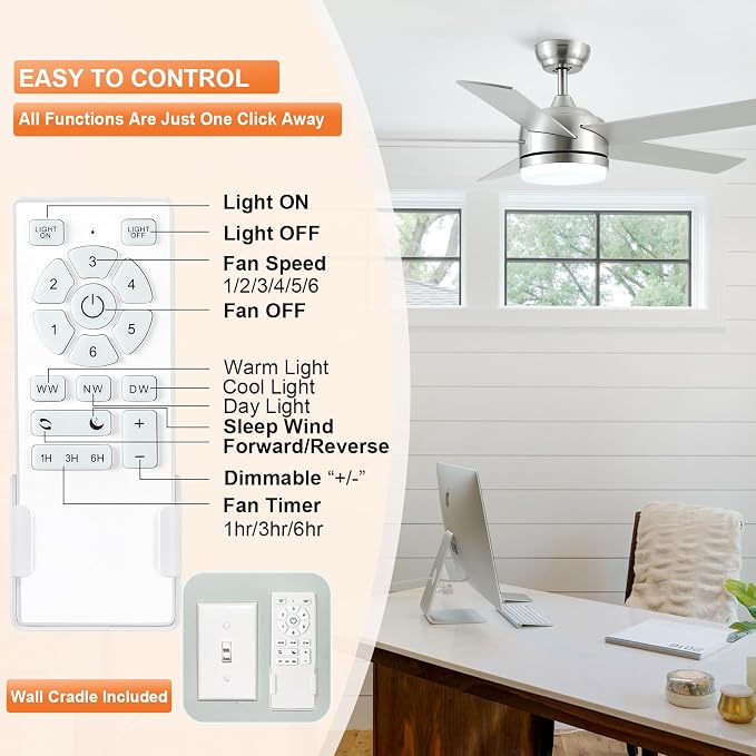 YUHAO 52 Inch Brushed Nickel Ceiling Fan with Light and Remote Control.Noiseless,Dimmable,3CCT,6 Speeds Reversible, DC Ceiling Fans for Indoor or Covered Outdoor Use.ETL Listed