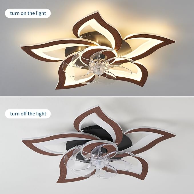 Flower Modern Ceiling Fans with Lights, Low Profile Ceiling Fan with Remote for bedroom, Flush Mount Ceiling Fan with LED Dimmable Light,3-Colors, 6-Speeds, Timing CeilingFans Light, Walnutcolor