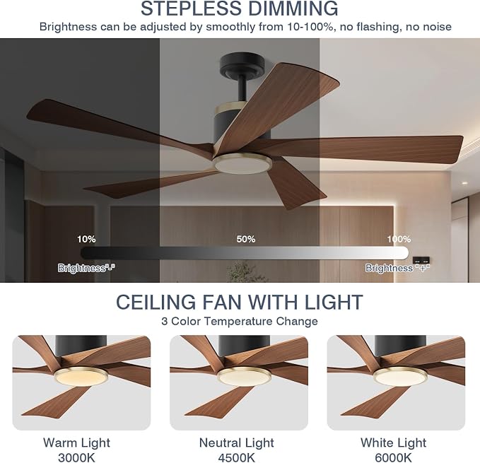 TXCSLY 52'' Ceiling Fans with Lights, Modern Ceiling Fan with Remote Control, Indoor Outdoor Ceiling Fan for Living Room,Bedroom 5 Blade 3 Color Tempearture (Walnut)
