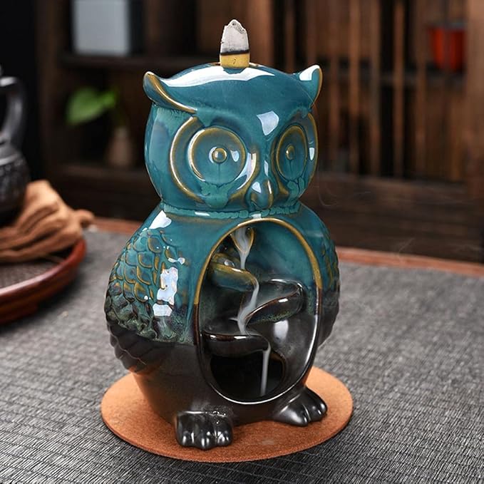 Backflow Incense Burner Holder Owl Shape Waterfall Porcelain Incense Holder Home Decor with Incense Cone Sticks Holder Incense Sticks Backflow Incense Cones Mat Tweezer Gift Set