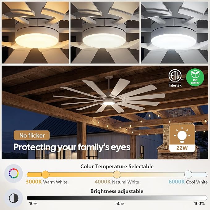 White Outdoor Ceiling Fan with Light and Remote 12-Blade, 62 Inch Modern Ceiling Fan with High CFM, Wind Mill Dual Color Blades, 3 Downrods, DC Motor for Patio Shop Garage Farmhouse Barn