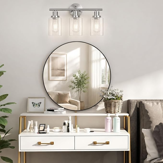 Unicozin Modern Bathroom Light Fixtures, 3 Light Vanity Lights with E26 Bulbs, Brushed Nickel Wall Lamp with Clear Glass for Mirror Living Room Hallway Cabinet Porch
