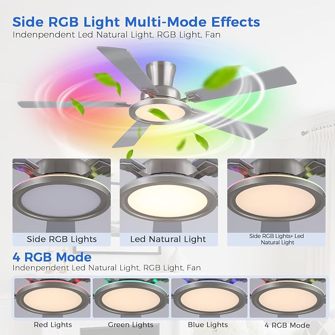 Ayaoty Ceiling Fans with Lights - 52in Flush Mount Ceiling Fan with RGB Dimmable, 3CCT 6 Wind Speeds and Reversible Quiet Motor, Low Profile RGB Fan Light for Modern Indoor, Party - Nickel