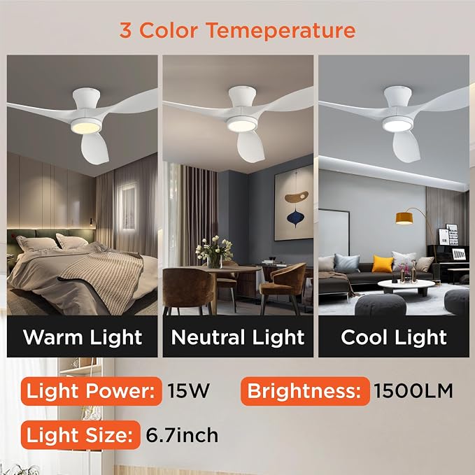 TALOYA 52 inch Ceiling Fans with Lights Remote Control, Modern Low Profile Ceiling Fan with Quiet Reversible DC Motor for Bedroom Living Room and Patio White