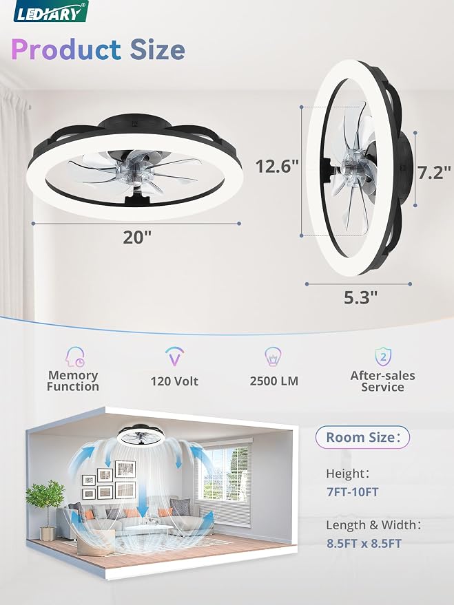 LEDIARY RGB Low Profile Ceiling Fans with Lights and Remote, 20 Inch Dimmable Modern Fan Light(3000K-6000K), 6 Speed, Reversible, APP & Remote Control, Flush Mount Ceiling Fan for Bedroom, Black