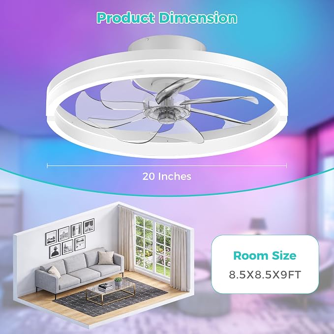 RGB Ceiling Fans with Lights and Remote, 20 Inch Flush Mount Low Profile Ceiling Fan with Light,3000K-6500K Dimmable,Modern LED Fandelier Ceiling Fan for Bedroom Living Room (White)