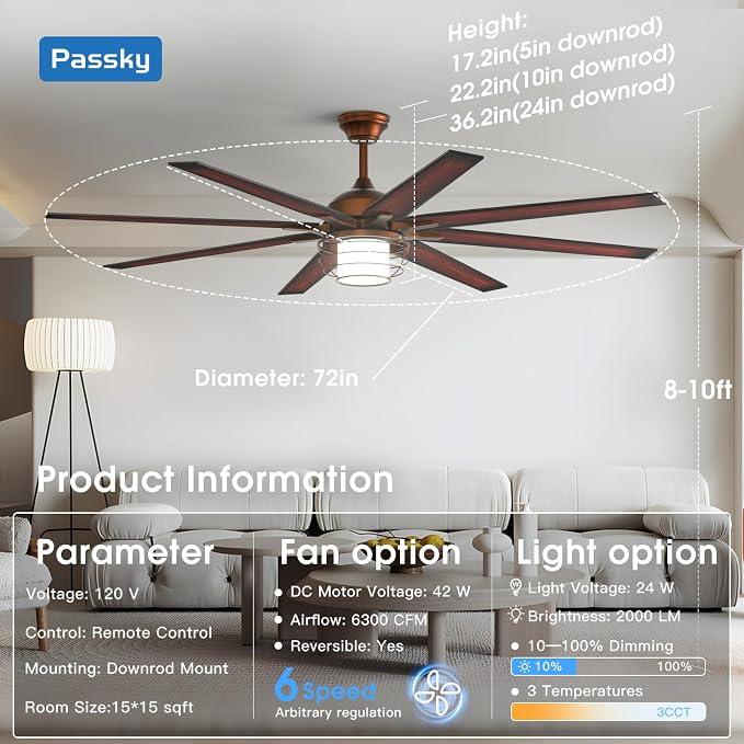 Passky Ceiling Fans with Lights, 72 inch Bronze Ceiling fan with Light and Remote Control, Reversible, Dimmable, 3CCT, Quiet, Caged Ceiling Fan for Farmhouse, Bedroom, Living Room, Indoor/Outdoor Use