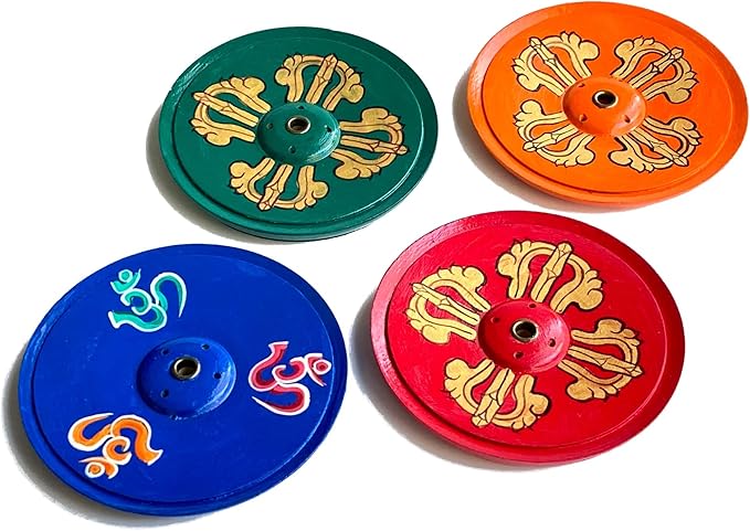 Wood Incense Holder Dorje (Vajra) Design | Handmade Handpainted Eco-Friendly Wood Incense Burner Ash Catcher | Home Décor Housewarming Gift | Stand Holds 4 Regular and 1 Tibetan Sticks
