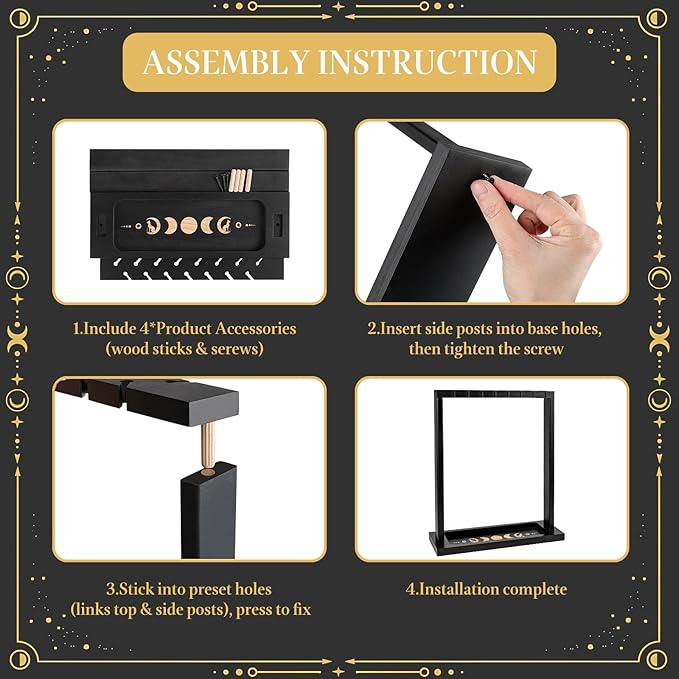 Black Pendulum Crystal Display Holder, Wood Witch Rock Stone Stand, Moon Phase Wiccan Supplies Incense Rack Shelf with Tray for Witchcraft Gift Organizer 15 Pendulum Necklaces