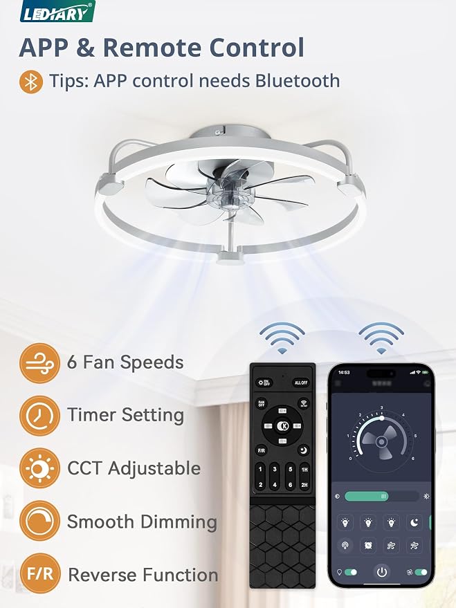 LEDIARY Ceiling Fans with Lights and Remote, 20'' Low Profile Ceiling Fan with Light, 3000-6000K Dimmable Fandelier LED Fan Light, 6 Wind Speeds, Grey Modern Flush Mount Ceiling Fan for Bedroom