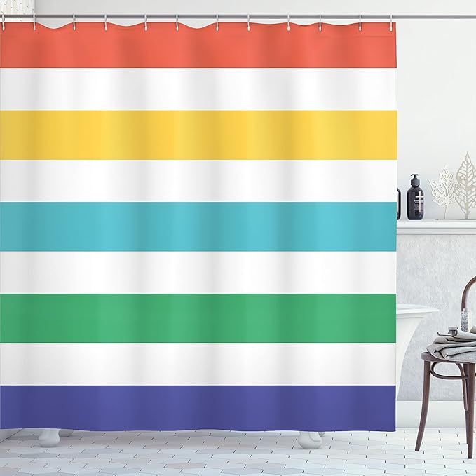 Ambesonne Striped Shower Curtain, Rainbow Colored and White Fun Horizontal Lines Room Red Yellow Blue Green Art, Cloth Fabric Bathroom Decor Set with Hooks, 69" W x 70" L, White Mustard Jade Green