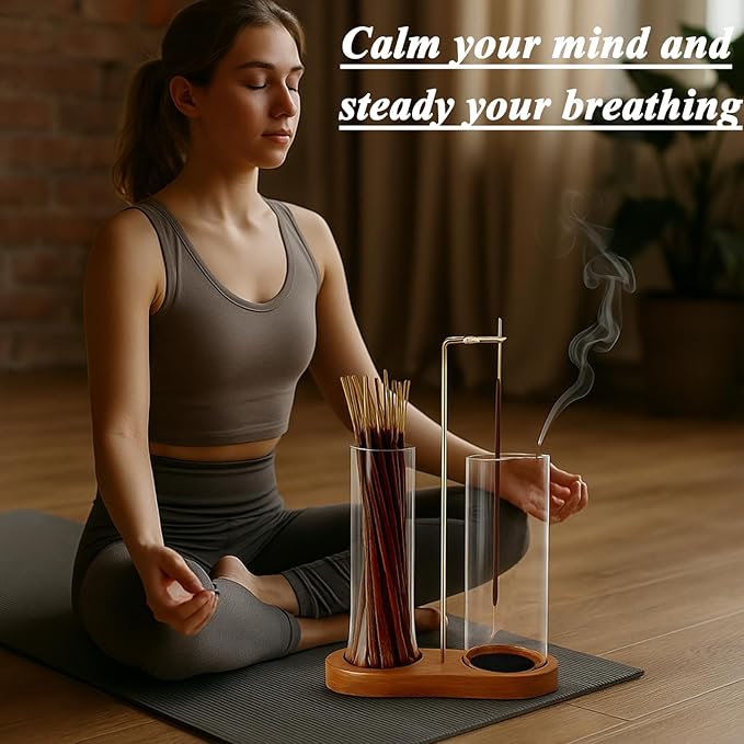 2 in 1 Incense Stick Holder - Glass Incense Holder with Ash Catcher & Incense Storage and Sticky Pads, Anti-Ash Flying Incense Stick Burner for Meditation Yoga Spa Home Office Decor
