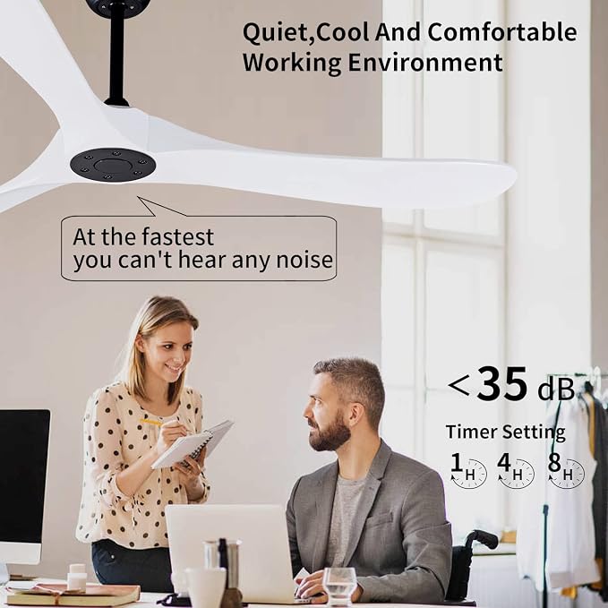Bigzone 60" White Ceiling Fan Without Lights,DC Motor Quiet Energy Saving,3 White Balsa Wood Blades,Outdoor/Indoor Ceiling Fan With Remote Control，Reversible Blades | 6 Speeds Available, Noiseless, fit for Flat/Sloped Ceiling, White Wood Blades, desgin...