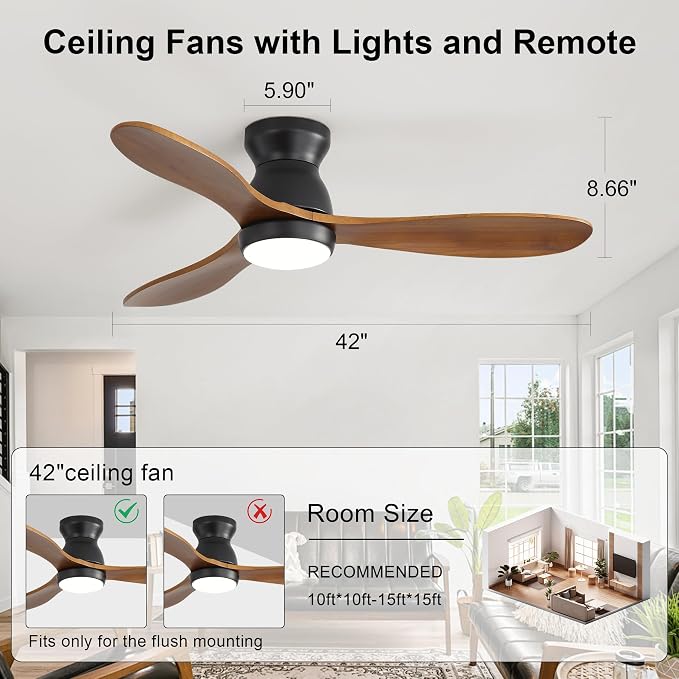 42 Inch Ceiling Fan with Light and Remote & APP Control, 3 Wooden Blades, 6 Wind Speeds, Quiet DC Motor, Indoor Flush Mount Ceiling Fan for Bedroom Living Room Farmhouse Patio