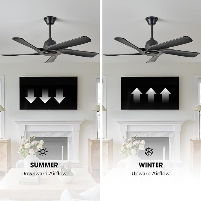 52“ DC Ceiling Fan No Light, 5 Solid Wood Fan Blades, Remote and APP Control, 6-speed Reversible, Quiet Ceiling Fan without Lights for Bedroom, Living Room, Office, Black