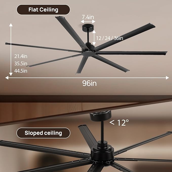 Minislak 96 Inch HVLS Aluminum 7 Blades Industrial & Commercial Ceiling Fan no Light,8ft High CFM DC Motor,6-Speed,Indoor Outdoor Black Ceiling Fan for Patio,Garage,Shop,Library