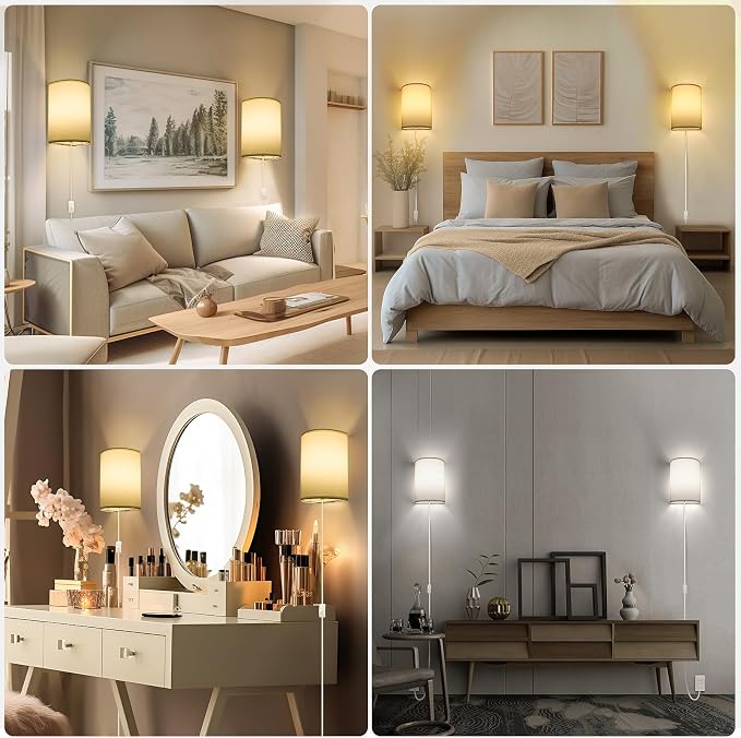 Plug in Wall Sconce, 3 Color, Set of Two, Industrial Wall Lamp with Plug in Cord, Rustic Fixture, On/Off Switch Vintage Wall Light Fixture for Headboard Bedroom Porch (White)