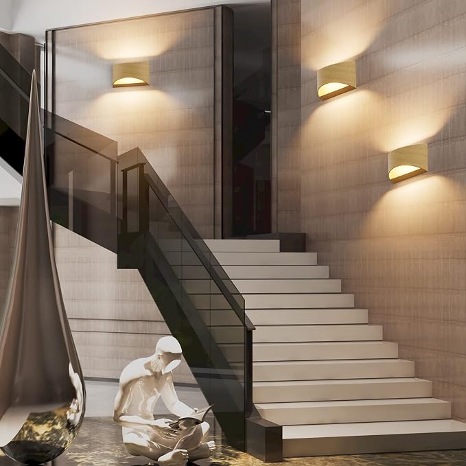 Aipsun Aluminum Modern LED Wall Sconce Hardwired Interior Wall Lights Set of 2 Wood Texture Up and Down Wall Mount Light for Living Room Bedroom Hallway Corridor Warm White 3000K(with G9 Bulbs)