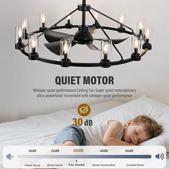 44" Wagon Wheel Chandelier Ceiling Fans with Lights and Remote with APP, 12-Lights Farmhouse Fandelier Fans with Glass Shade, Black Industrial Lighting Fixture for Dining Living Room, Kitchen Island