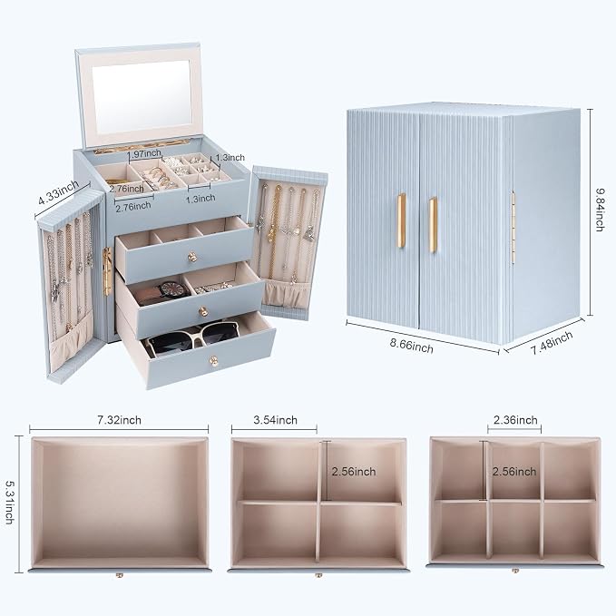 Dajasan Large Jewelry Box Organizer, Jewelry Storage Organizer with 3 Drawers, Huge Jewelry Box with Mirror for Women Girls, Double Door, Textured PU Leather, Gift Idea, Stylish (Blue + Gold)