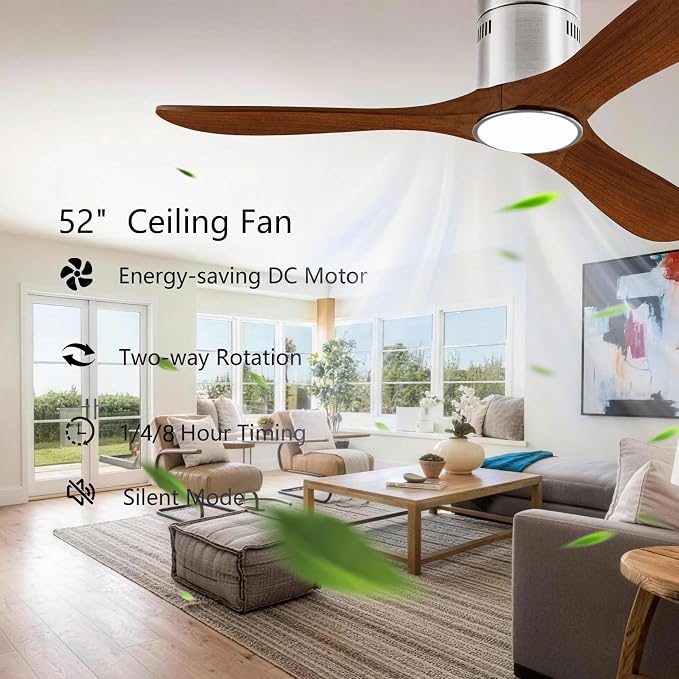 52” Ceiling Fans with Light with 6 Speed Remote/APP Control, Solid Wood Fan Blade, 3CCT Dimmable LED, Noiseless, Bedroom, Hallway Recessed Ceiling Fan