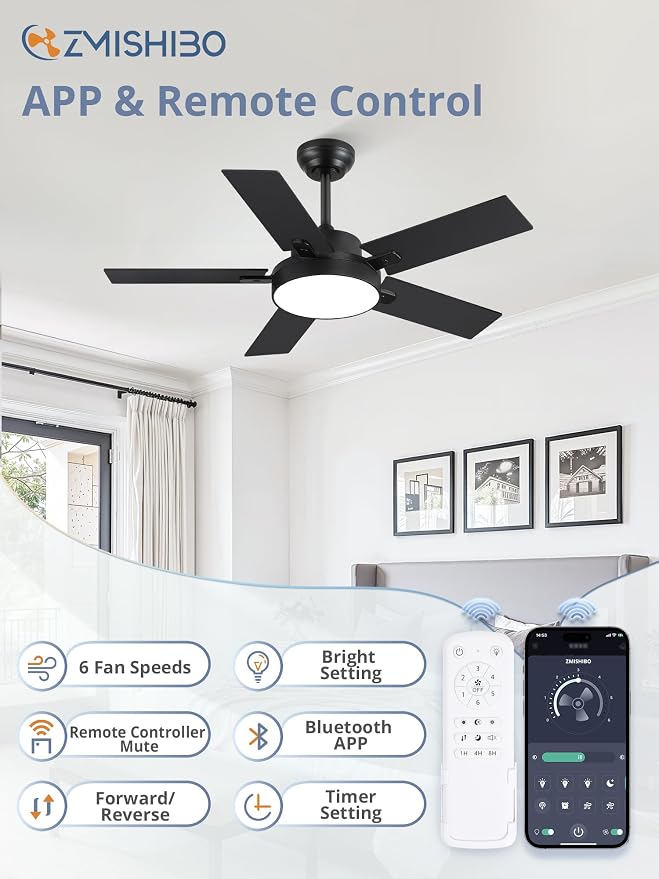 ZMISHIBO 42 Inch Ceiling Fans with Lights, Smart Remote/APP Control, Modern Ceiling Fan with 6 Speeds & 3CCT, Dimmable 30W LED, Quiet DC Motor, Noiseless for Living Room, Bedroom, Kitchen, Black