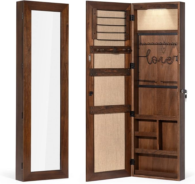 SRIWATANA Dark Brown Jewelry Cabinet with Full Length Mirror, Solid Wood | Wall & Door Mounted Wood Jewelry Armoire; Space-Saving Organizer with Lockable Door & Large Storage Capacity for Makeup