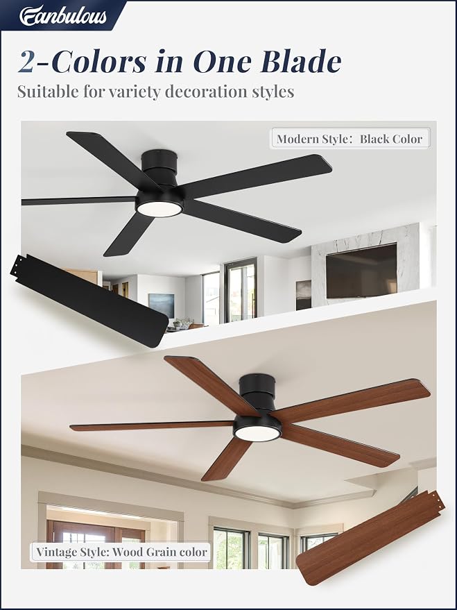 Fanbulous 60 Inch Ceiling Fans with Lights and Remote,Outdoor Indoor Modern Flush Mount Ceiling Fan with 3CCT 6-Speed Quiet DC Motor,Black Small Low Profile Ceiling Fan for Bedroom Living Room Office