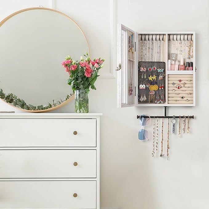 Keebofly Wall Mounted Rustic Wood Jewelry Organizer Cabinet - White | Large Hanging Holder Display for Necklaces, Earrings & Bracelets, Space Saving Ring Storage, Great Gift for Women