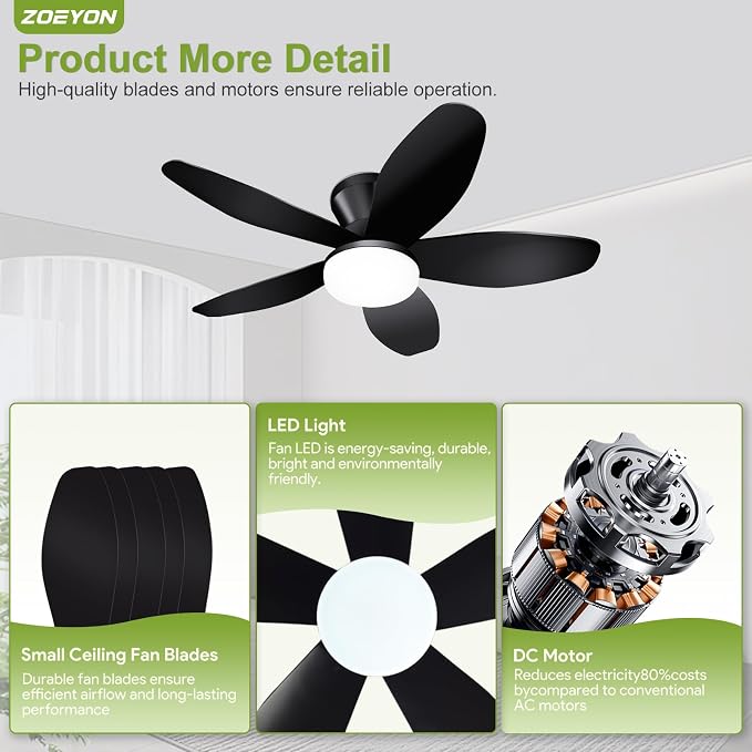 Small Ceiling Fan with Light - 35 Inch Flush Mount Ceiling Fan with Lights and Remote, Low Profile Ceiling Fans with 5 Reversible Blades, 6 Wind Speeds, Black Ceiling Fans for Bedroom