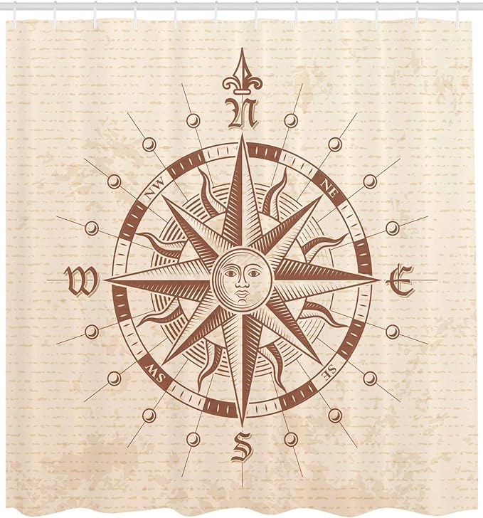 Ambesonne Compass Shower Curtain, Old Compass Rose a Sun Face Lady on It Instrument Distances Between Points Graphic, Cloth Fabric Bathroom Decor Set with Hooks, 69" W x 84" L, Tan Brown