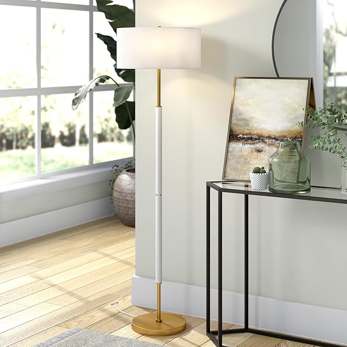 Henn&Hart 2-Light Floor Lamp with Fabric Shade in Matte White/Brass/White, Floor Lamp for Home Office, Bedroom, Living Room