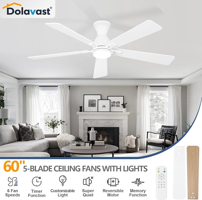 Ceiling Fans with Lights, 60 Inch Low Profile Ceiling Fan with Light and Remote Control, Flush Mount, Reversible, 3CCT, Dimmable LED, Quiet, White Ceiling Fan for Bedroom, Living Room