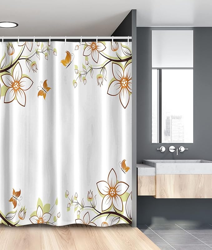Ambesonne Floral Stall Shower Curtain, Flowers Leaves Branches Buds Butterflies Frame Like Image Print, Fabric Bathroom Decor Set with Hooks, 54" W x 78" L, Pale Green Pale Brown