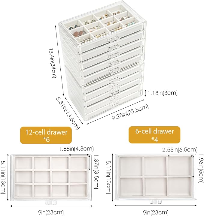 ProCase Earring Holder Organizer Jewelry Box with 10 Drawers, Acrylic Clear Earring Case with Adjustable Velvet Trays for Women - Warmwhite,10 Layers
