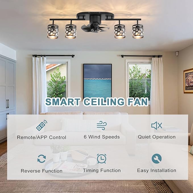 Garwarm Ceiling Fans with Lights and Remote,39.3" Kitchen Ceiling Fan,360° Rotatable Lampheads Bladeless Black Fandelier Flush Mount Ceiling Fans for Bedroom Dining Room Living Room（6 Speed, Timing）