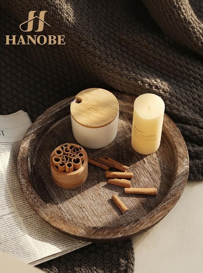 Hanobe Round Wooden Candle Holder Trays for Coffee Table, Distressed Finish | 11.2" Rustic Decorative Candlestick Plates for Kitchen Centerpiece, Farmhouse Living Room Fall Decor