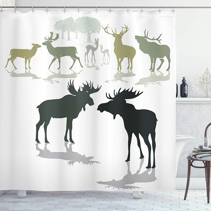 Ambesonne Antlers Shower Curtain, Elk Deer and Fawn Silhouette Forest at The Background World Natural Habitat Theme, Cloth Fabric Bathroom Decor Set with Hooks, 69" W x 70" L, Green Black