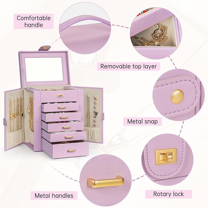 AKOZLIN 6-Tier Jewelry Box Organizer Functional 5 Drawers Leather Jewelry Storage Case for Women Girls Ring Necklace Earring Bracelet Holder Organizer with Mirror Light Purple Regular