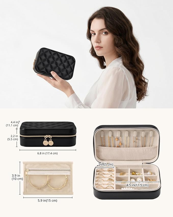 Lolalet Travel Jewelry Case for Women Girls, PU Leather Jewelry Organizer with Clear Storage Bag Small Portable Jewelry Box for Necklace Bracelet Earring Ring Birthday Bridesmaid Gifts -Medium/Black