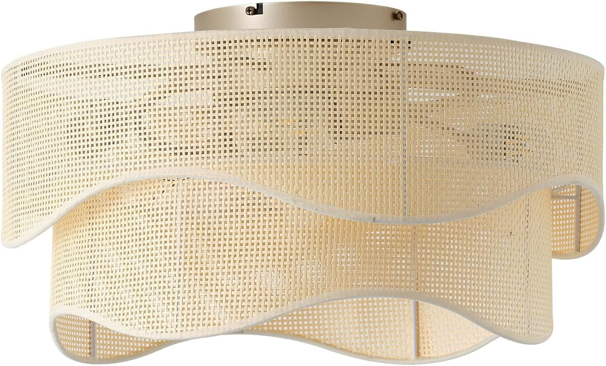 Flush Mount Ceiling Fan with Lights, 20" Low Profile Boho Ceiling Fan with Light Remote Control, Caged Rattan with 6 Speeds for Bedroom, Nursery, Living Room