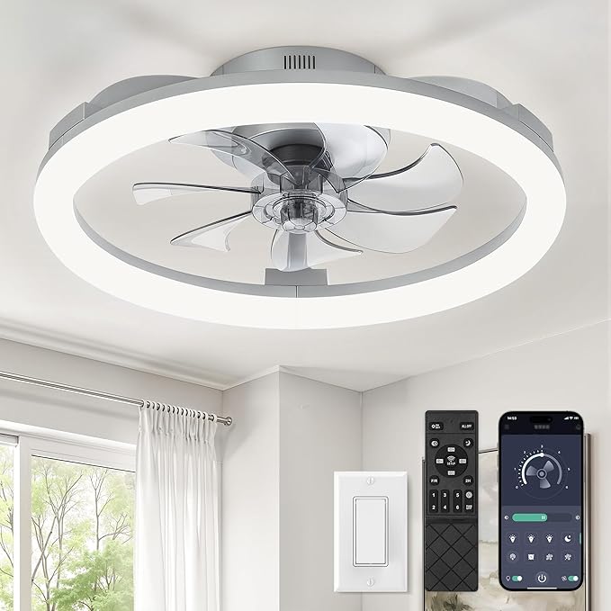 LEDIARY 20 Inch Low Profile Ceiling Fans with Lights and Remote, Dimmable Modern Fan Light(3000K-6000K), 6 Speed, Reversible, APP & Remote Control, Flush Mount Ceiling Fan for Bedroom, Grey