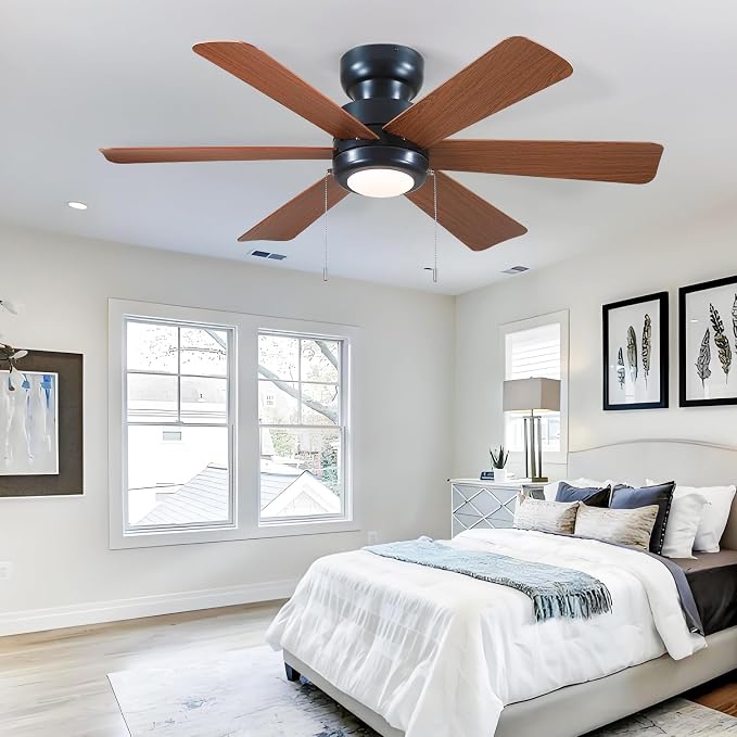 Hounberi 46" Low Profile Black Ceiling Fan Pull Chain with Light and Remote | Flush mount modern design. Features 3-CCT dimmable LED & quiet reversible motor. Ideal airflow for bedroom & living room
