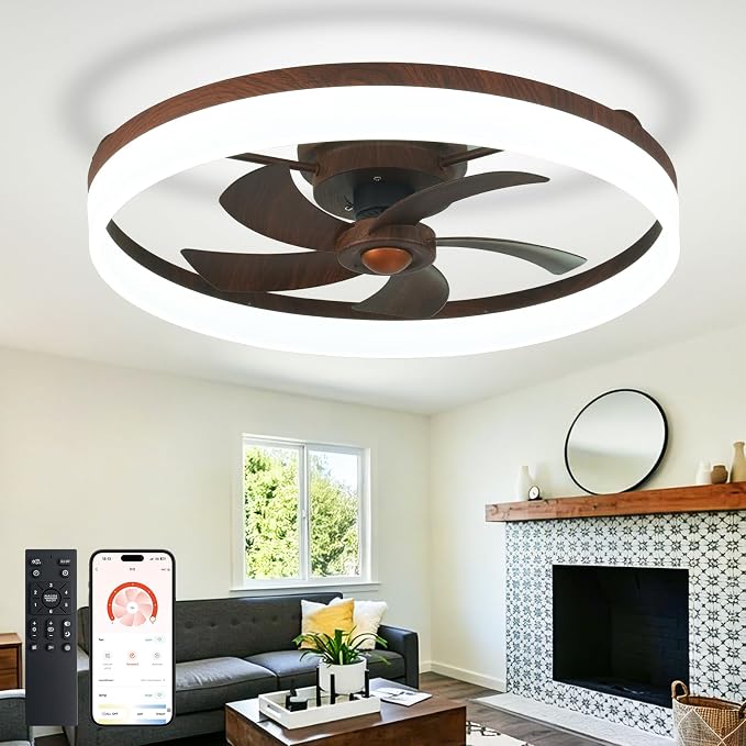 DLLT Bladeless Ceiling Fans with Lights: 24 Inch Modern Flush Mount Low Profile Ceiling Fan with APP Remote Control - Walnut Enclosed LED Fandelier Dimmable Quiet DC Motor for Bedroom Living Room