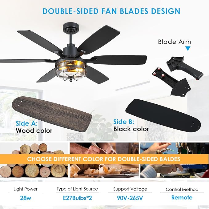 Hounberi 52" Farmhouse Ceiling Fan with Light and Remote, Black Industrial Caged Ceiling with Seeded Glass, 6-Speed Reversible DC Motor, Dual Finish 6 Blades, Black Ceiling Fan for Living Room Bedroom