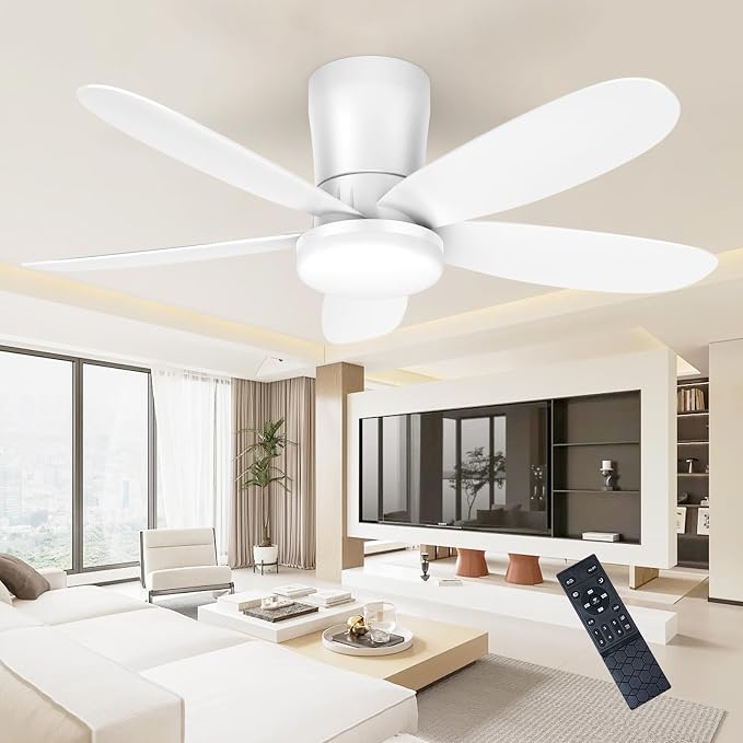 Ceiling Fans with Lights, Low Profile 42-Inch Modern White Small Ceiling Fan for Bedroom Indoor Outdoor - Dimmable Fans with Timer Remote Control Flush Mount Reversible 5 Blades 6 Speeds