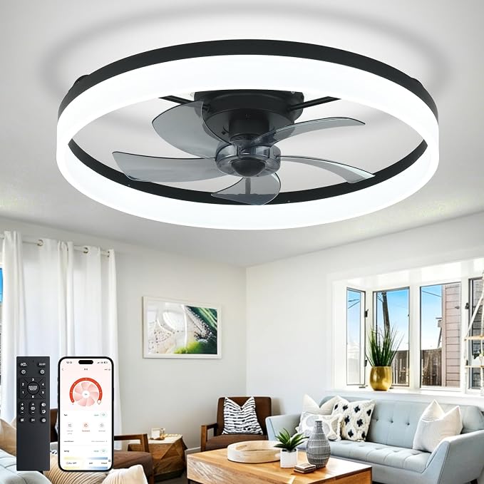 DLLT Bladeless Ceiling Fans with Lights: 24 Inch Modern Flush Mount Low Profile Ceiling Fan with APP Remote Control - Black Enclosed LED Fandelier Dimmable Quiet DC Motor for Bedroom Living Room