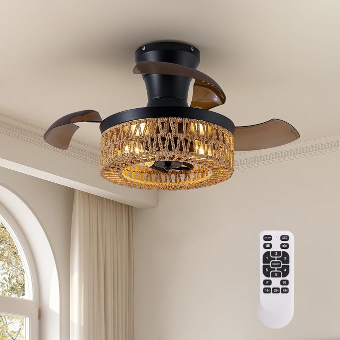 28'' Retractable Ceiling Fan with Lights and Remote, Flush Mount Small Caged Ceiling Fan Farmhouse Boho Fandelier Invisible Blades 6 Wind Speed for Kids Room Bedroom Kitchen Dining Room