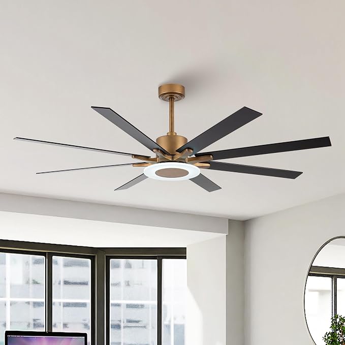 65" Vintage Black and Brushed Gold Ceiling Fan with Light, 6-Blade DC Motor, Reversible Quiet Fan with LED Module, Downrod Mount Large Ceiling Fan for Living Room Bedroom Patio